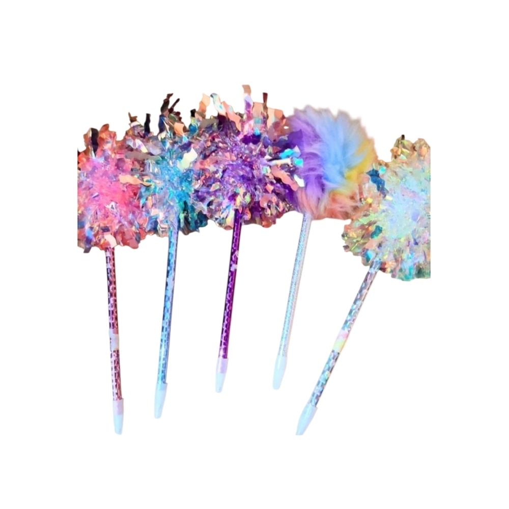 Pen with Tinsel Pom Pom colors 5 PC Girls Women Office Stationary